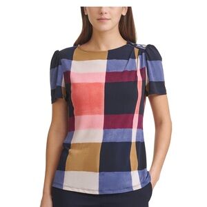 Puff-Shoulder Abstract Plaid Top